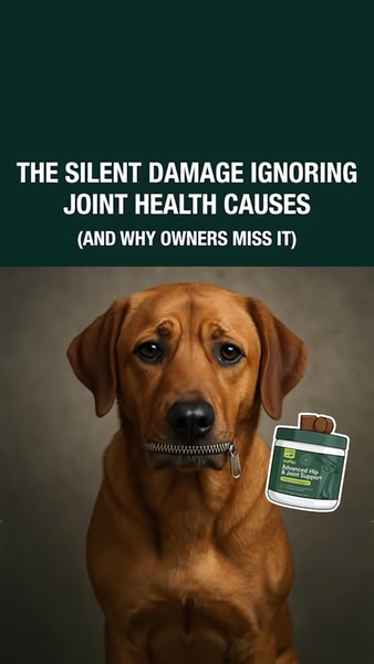 A high-impact ad featuring a dog with a zipper across its mouth to illustrate hidden, unvoiced joint discomfort addressed by a joint support supplement.